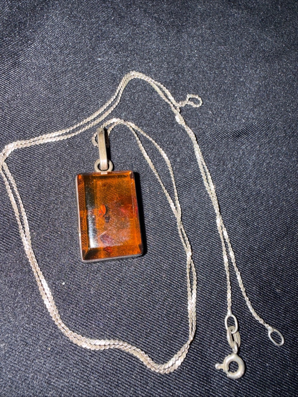 Amber Glass Pendant Necklace - Sterling Silver Chain 925